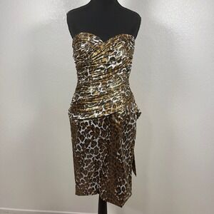 VTG Morton Myles Strapless Leopard Print Metallic Bow Cocktail Dress Gold Sz‎ 4